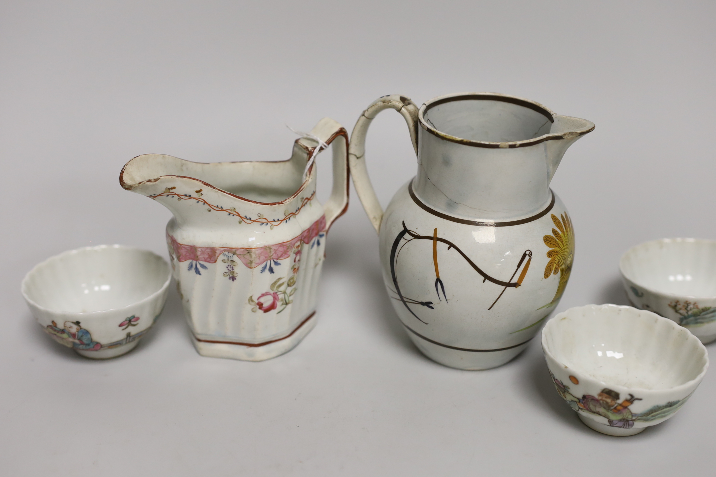 A Prattware agricultural jug and similar milk ewer, and five small Chinese tea bowls, tallest jug 12.5cm high
